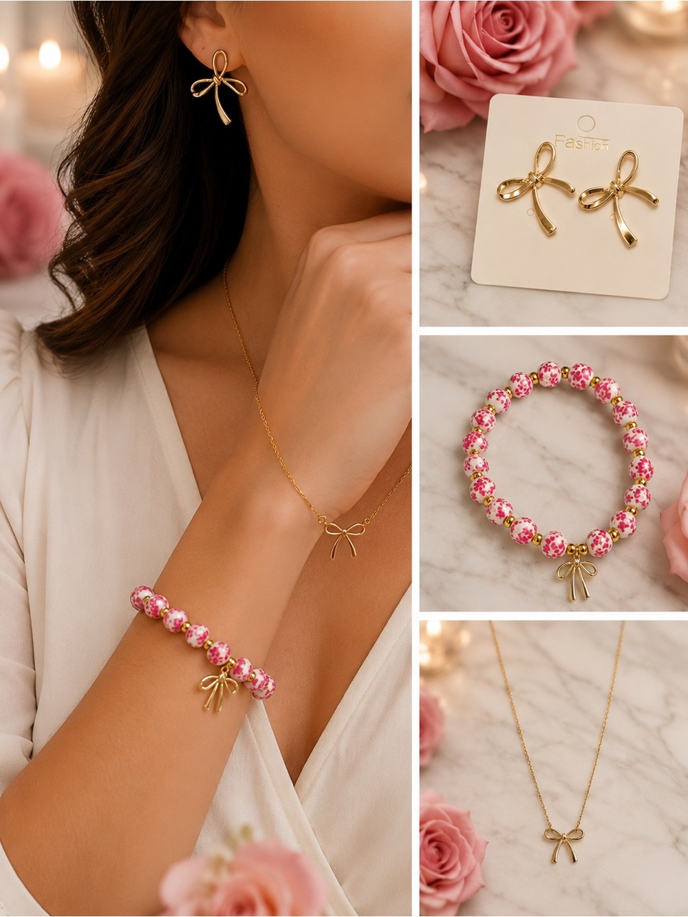 Gold Bow Earrings with Pink Floral Beaded Bracelet - Women Jewelry